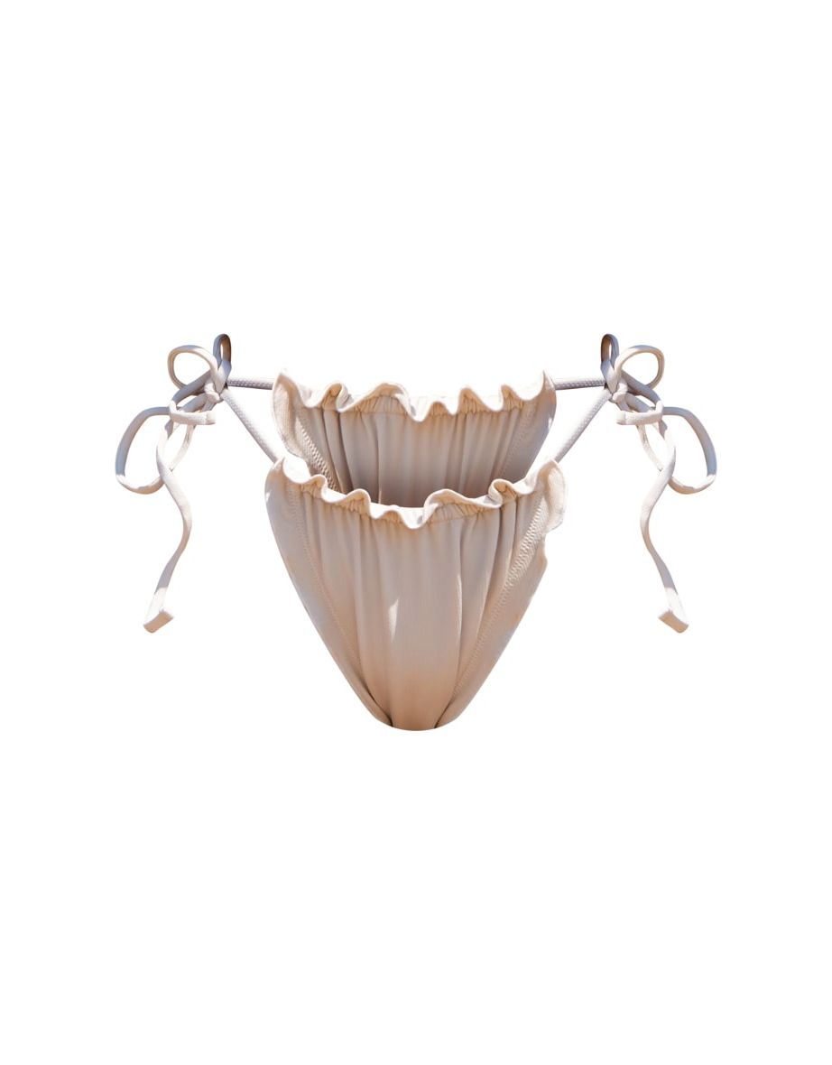 Cream Piquet Ruffle Hem Tie Side Bikini Bottom - 2