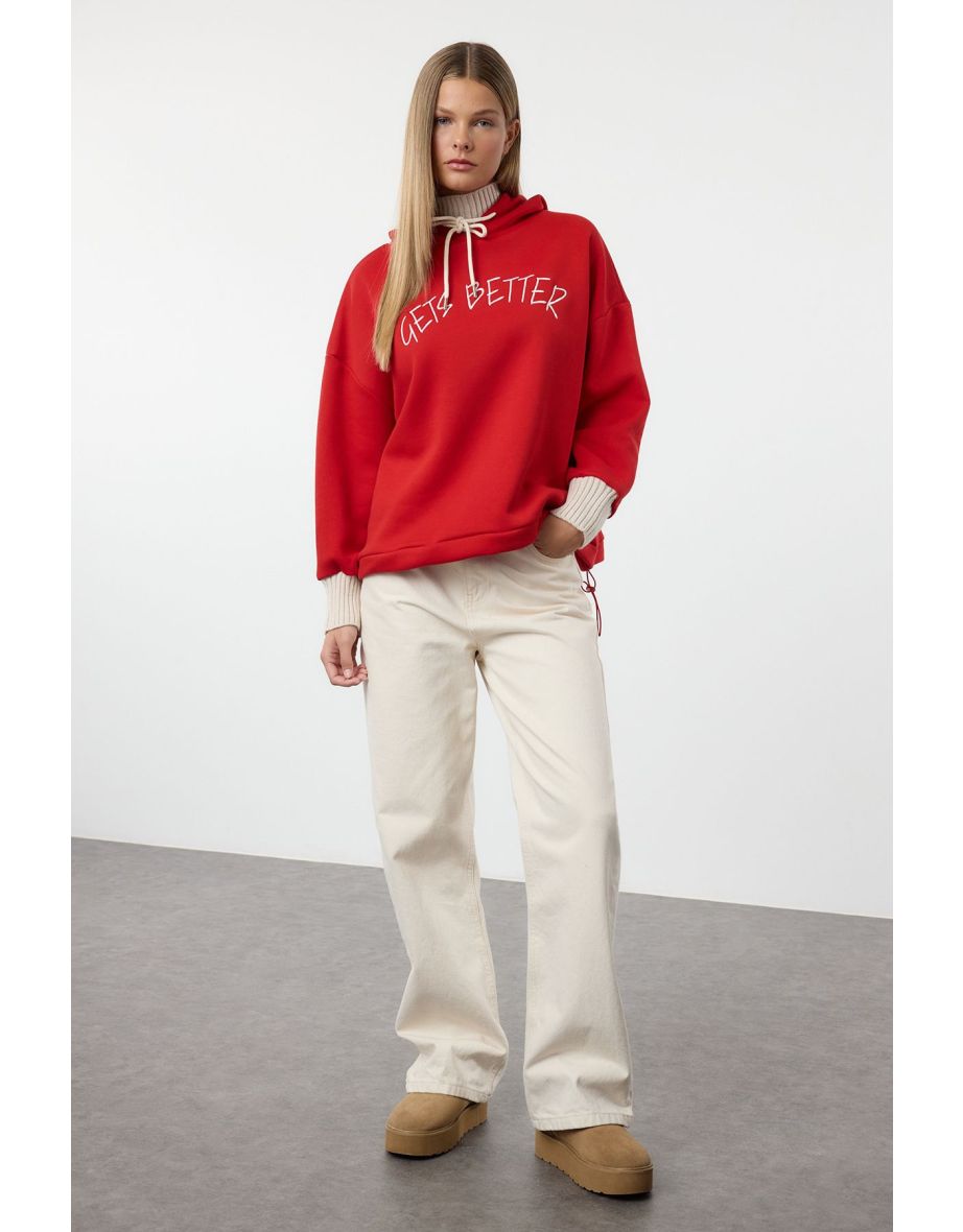 Red Thick Fleece Knitwear Hooded Knitted Sweatshirt with Tape Detail