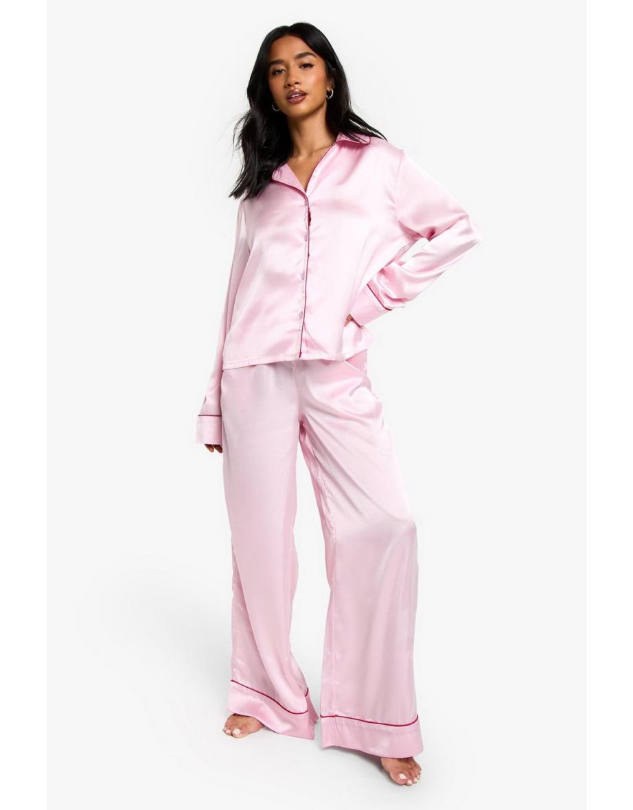 Petite Contrast Piping Satin Pyjama Set - baby pink