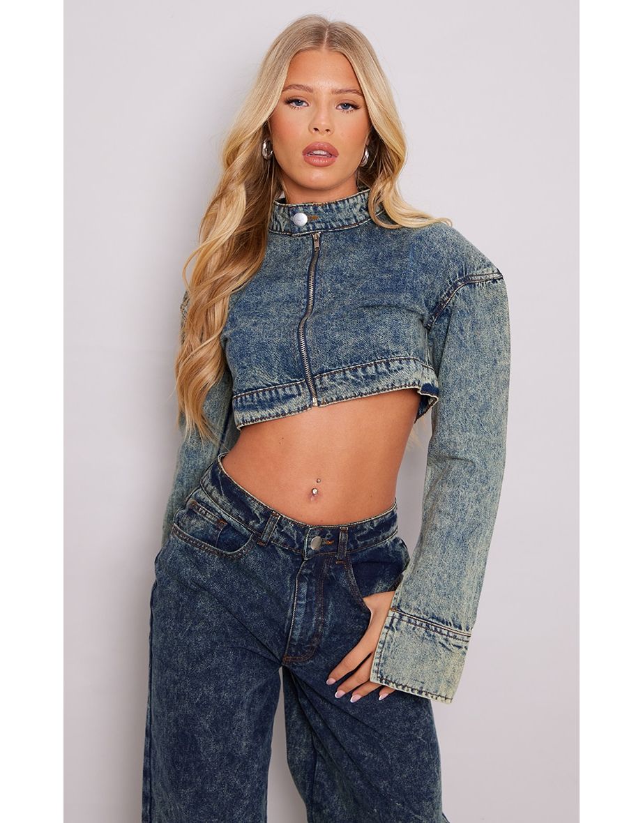 Cropped acid hot sale wash denim jacket