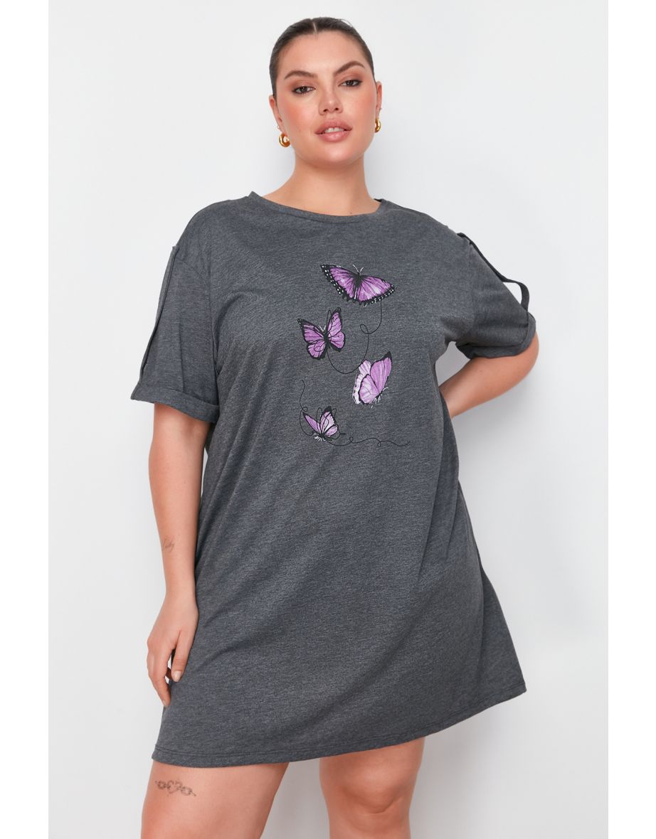 Anthracite Butterfly Print Knitted T-shirt Dress - 7
