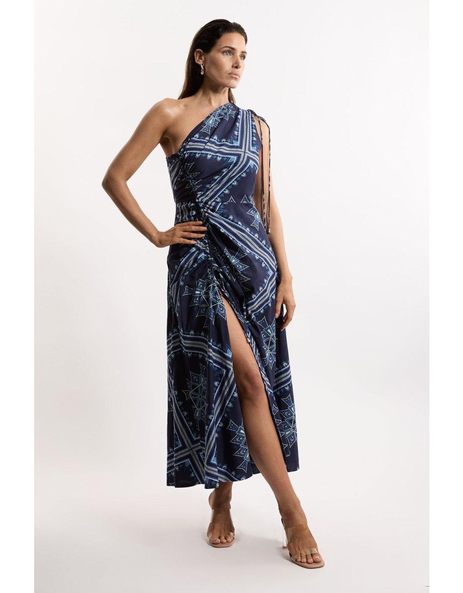 Printed Cotton Voile One Shoulder Maxi Dress