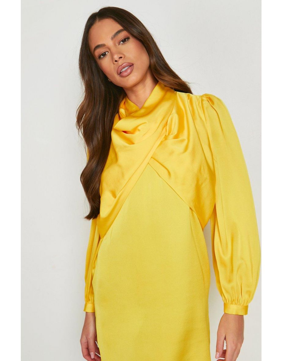 Satin Wrap Balloon Sleeve Shift Dress - yellow - 3