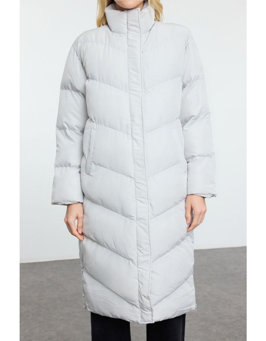 Gray Regular Fit Side Zipper Detailed Water Repellent Long Puffer Jacket - 5