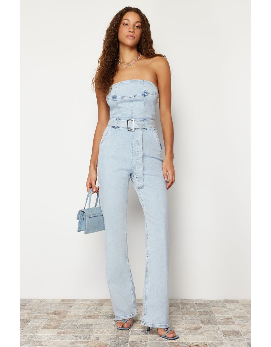 Light Blue Belt Strapless Denim Jumpsuit