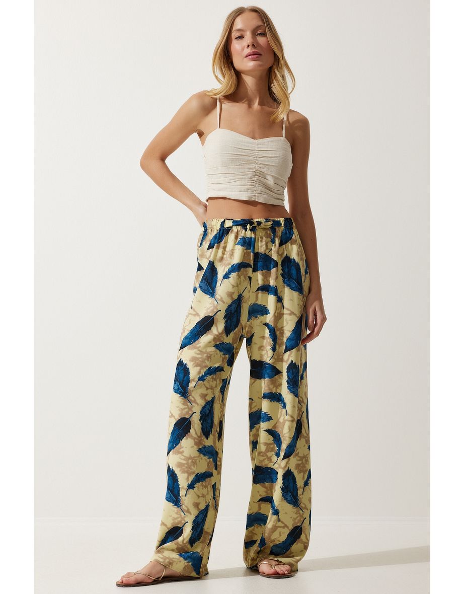 Women's Yellow Navy Blue High Waist Summer Wide Viscose Trousers