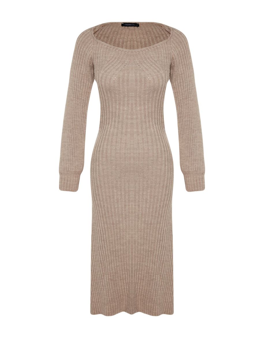 Brown A-Line Midi Dress with Long Sleeves - 7