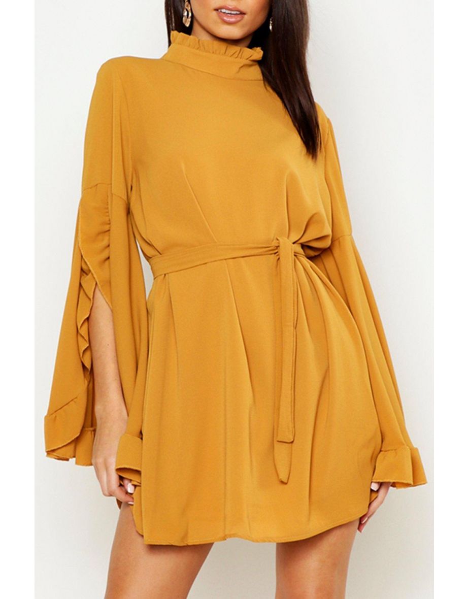 Boho High Neck Wide Sleeve Shift Dress - mustard - 3