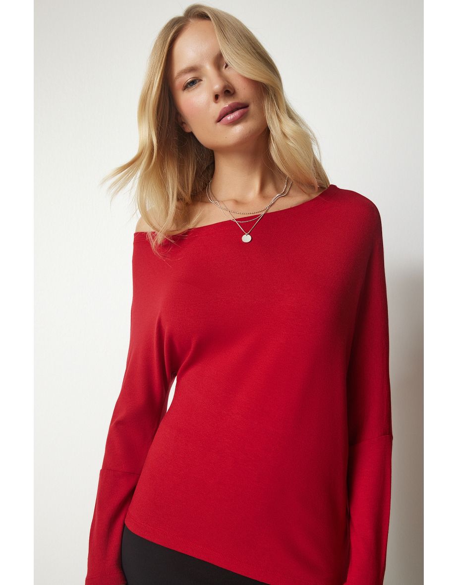 Women's Red Boat Collar Knitwear Blouse