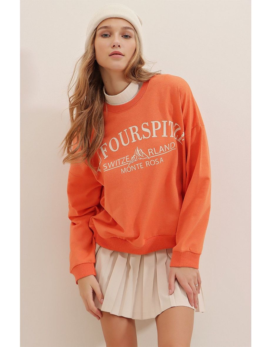 Women's Orange Crew Neck Text Printed Oversized Sweatshirt