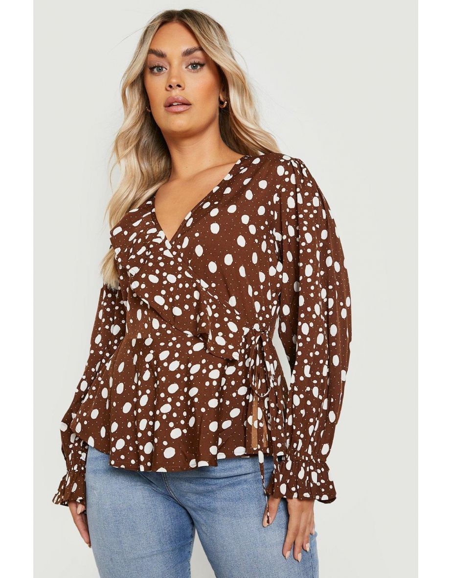 Plus Mixed Polka Wrap Top - chocolate