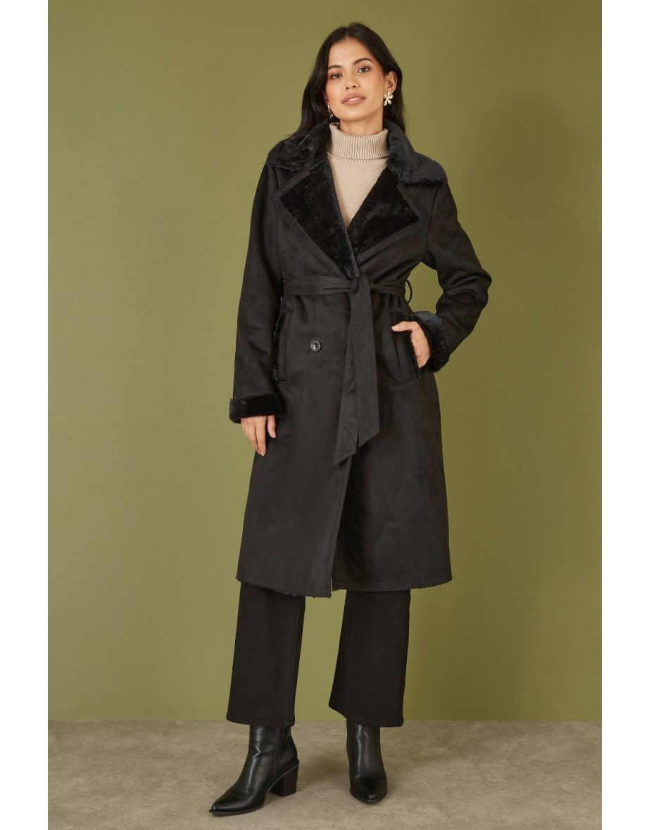Yumi Black Trench Coat With Faux Fur Lining