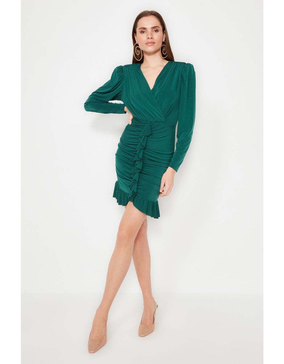 Green Satin Bodycon Mini Dress with Long Sleeves