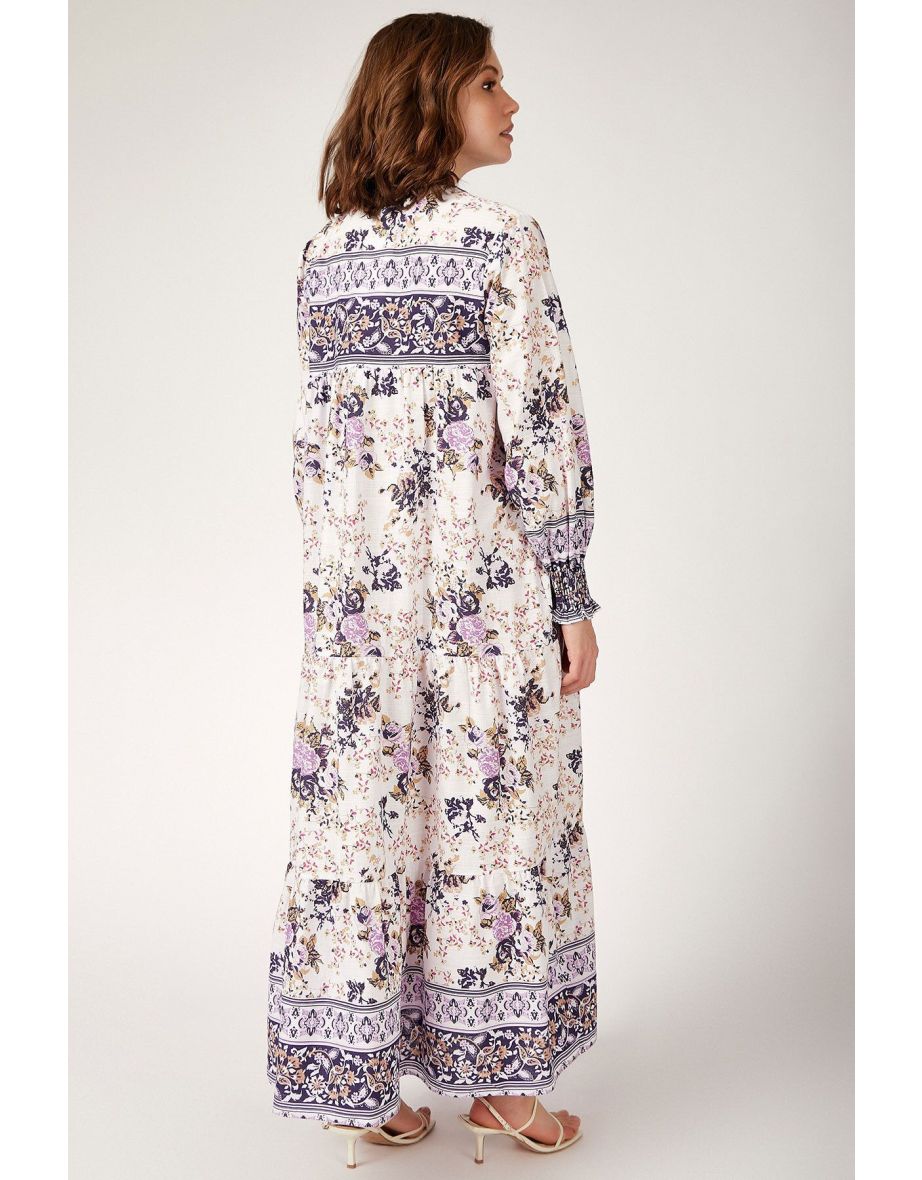 Women's Purple Sleeve Gathered Robe Flower Patterned Dress - 2