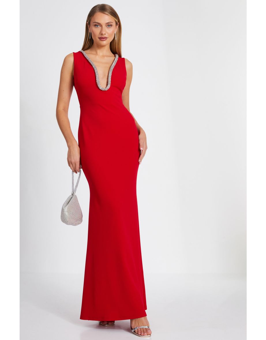 Red Diamante Trim Fishtail Maxi Dress