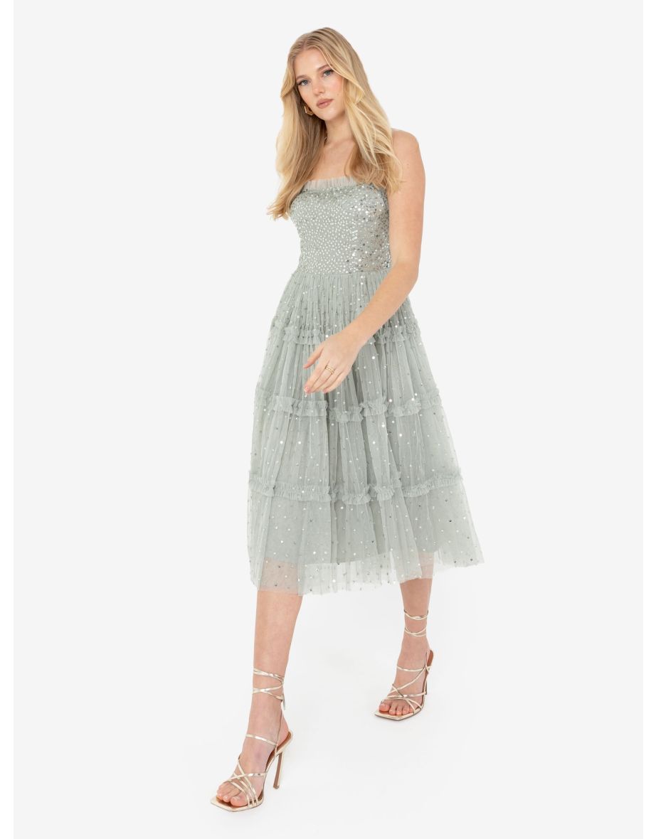 Maya Green Lily Embellished Cami Midi Dress with Frill Detail - 1