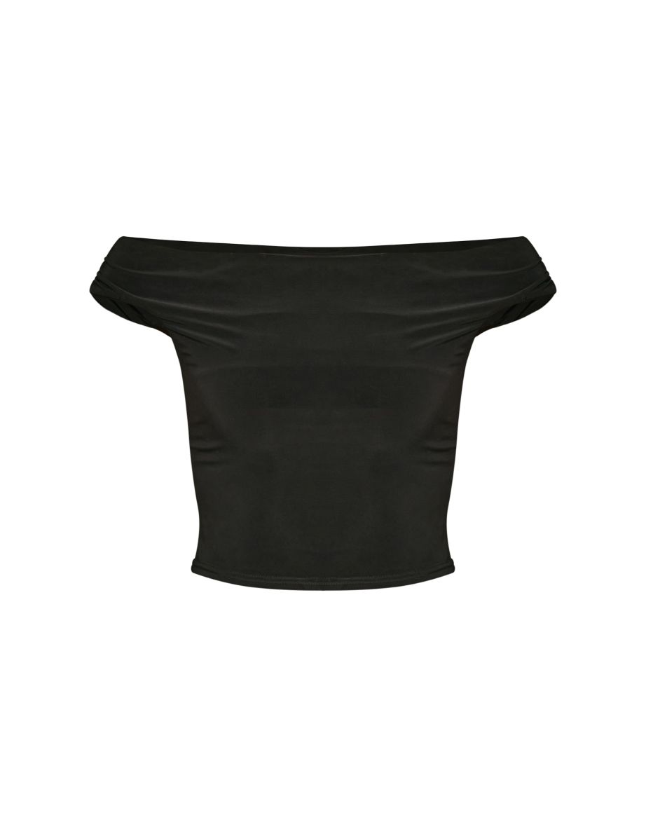 Black Slinky Slash Neck Off The Shoulder Top - 4
