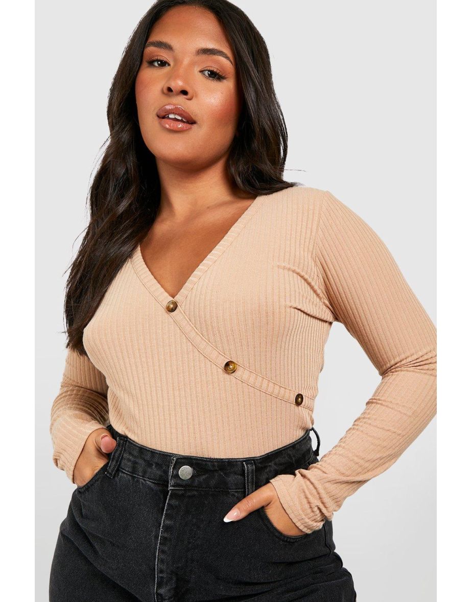 Plus Soft Rib Button Detail V Neck Top - stone