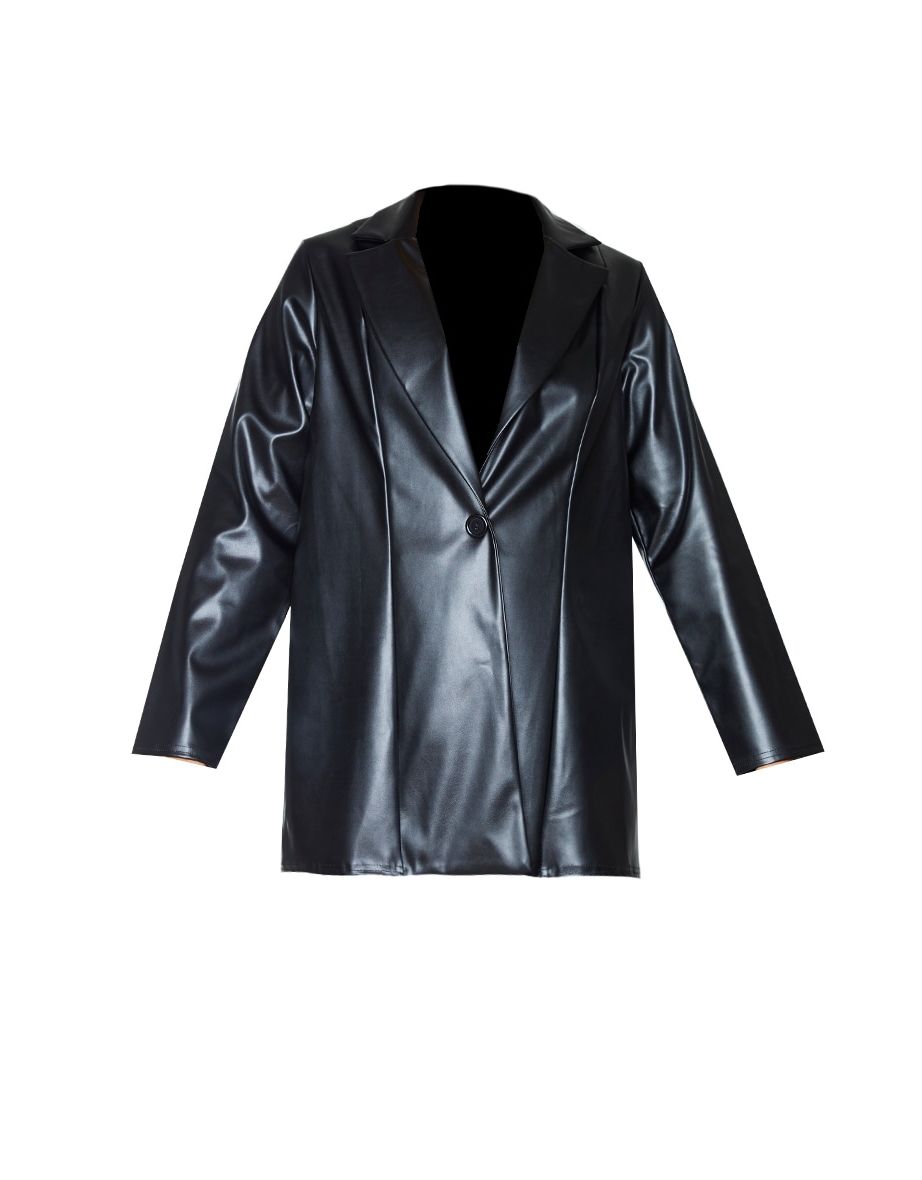 Black Longline Lapel Detail Faux Leather Blazer - 4