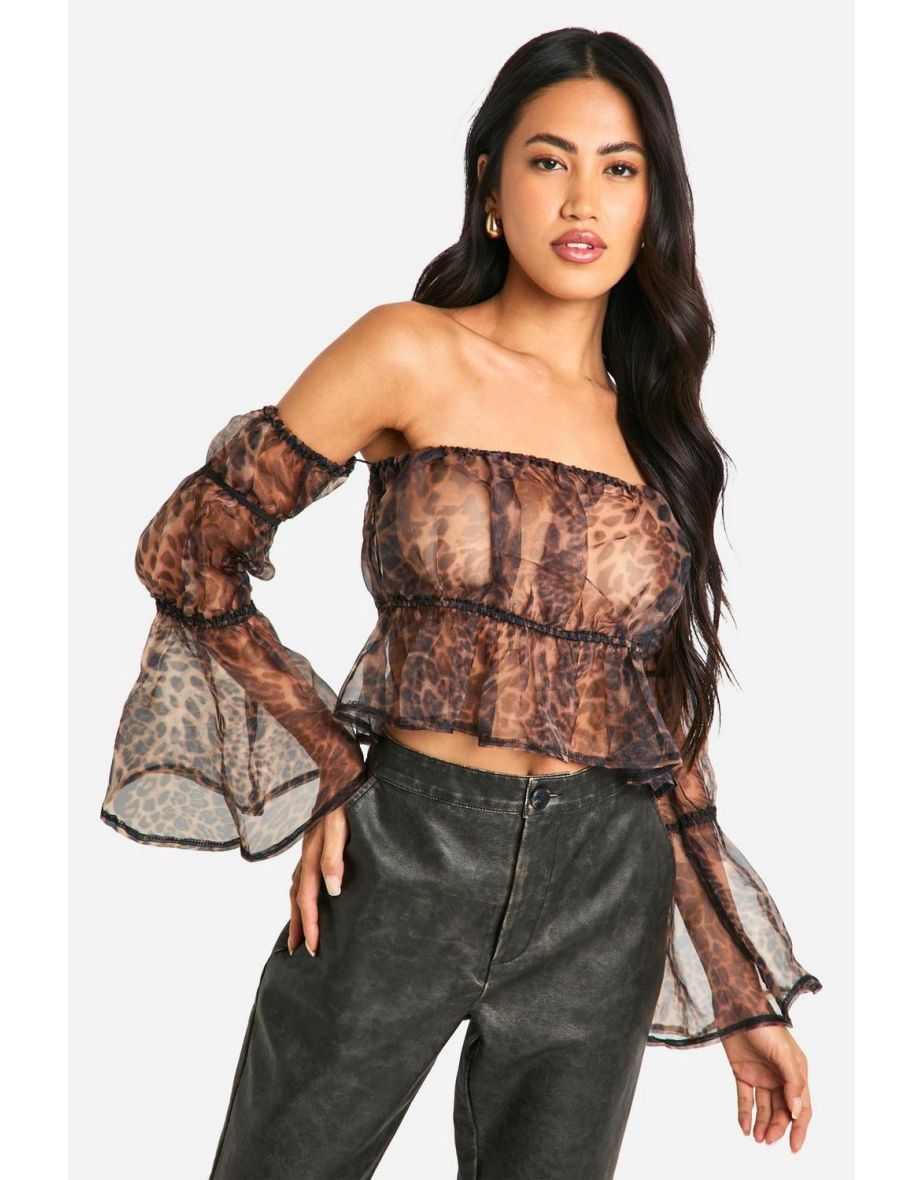 Organza Leopard Print Bardot Crop Smock Top - leopard