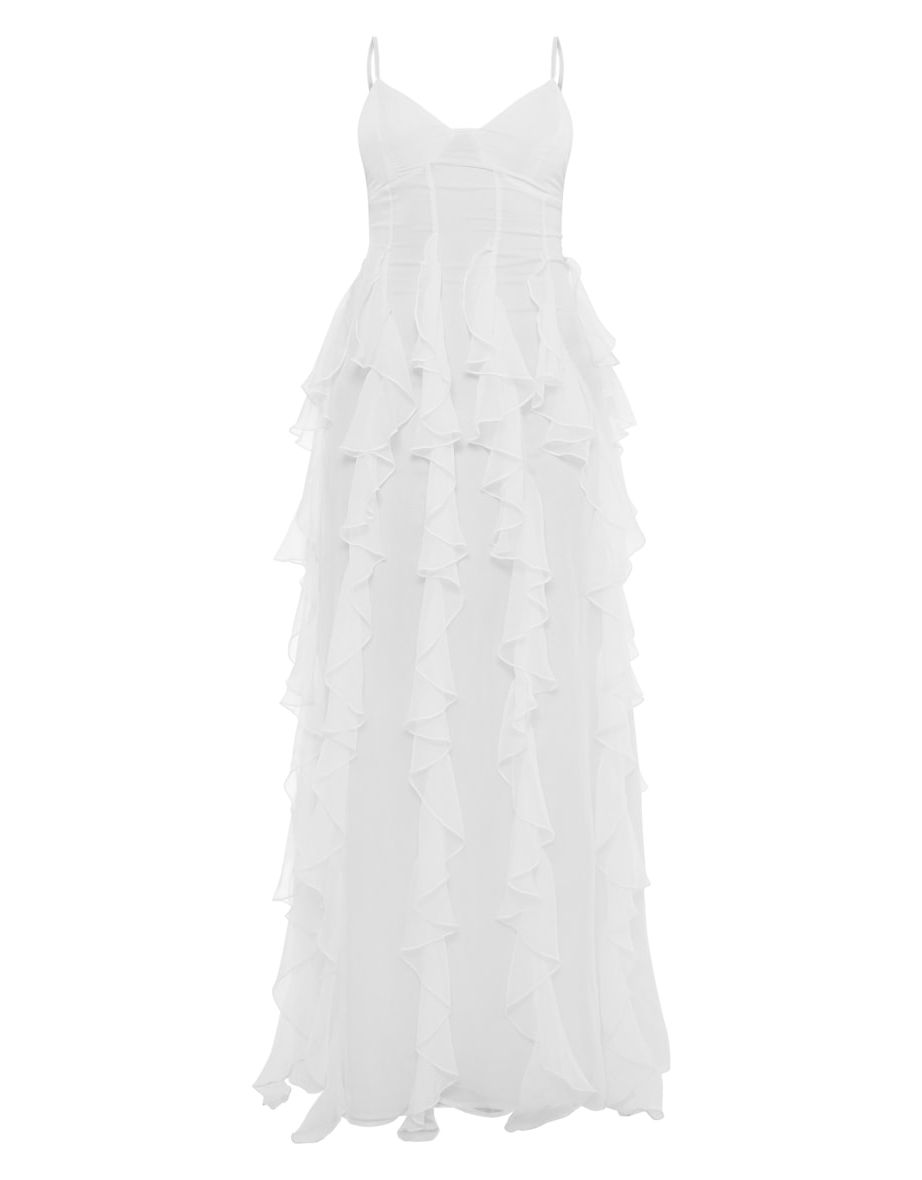 White Satin Ruffle Detail Strappy Maxi Dress - 4