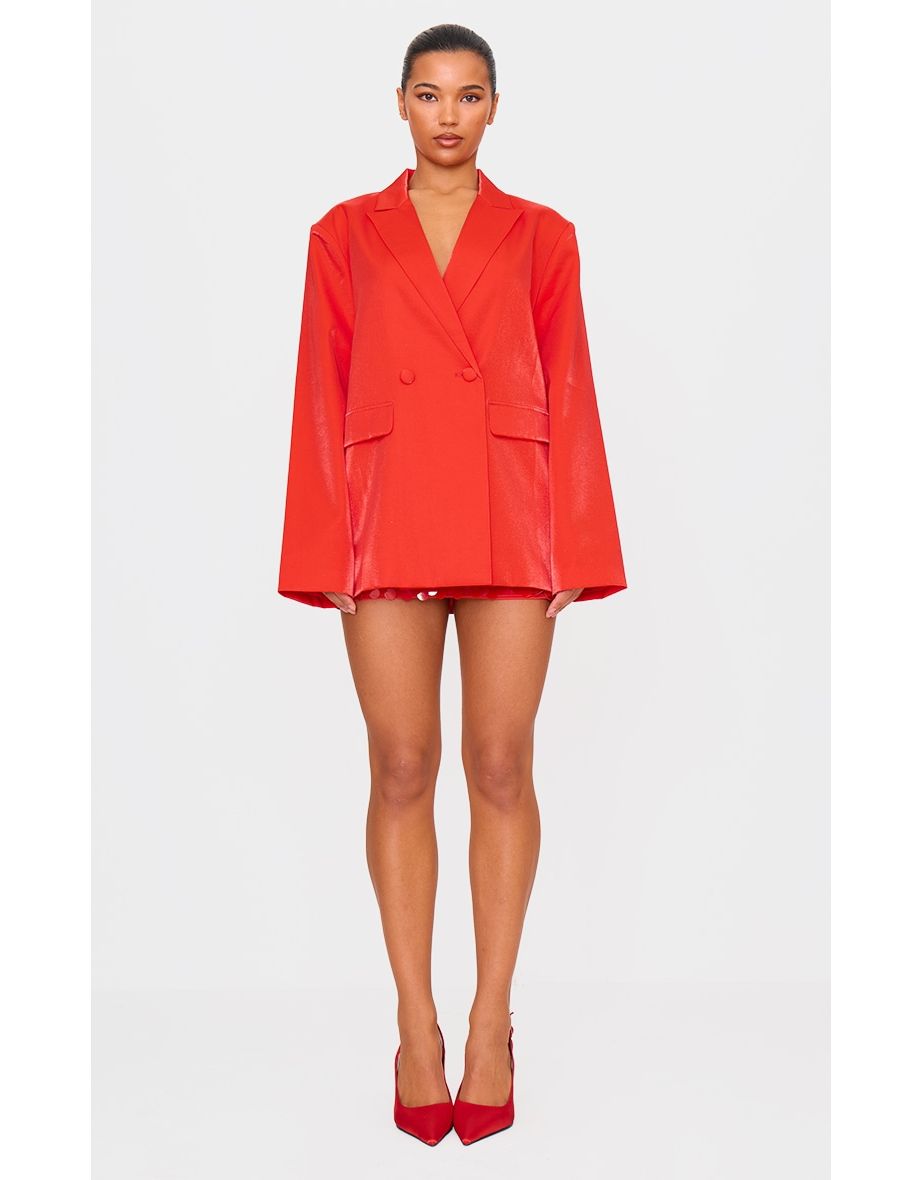 Red Satin Look Oversized Curved Hem Boxy Blazer