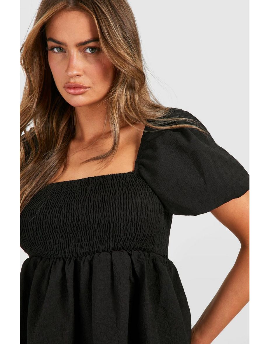 Textured Puff Sleeve Shirred Smock Top - black - 3