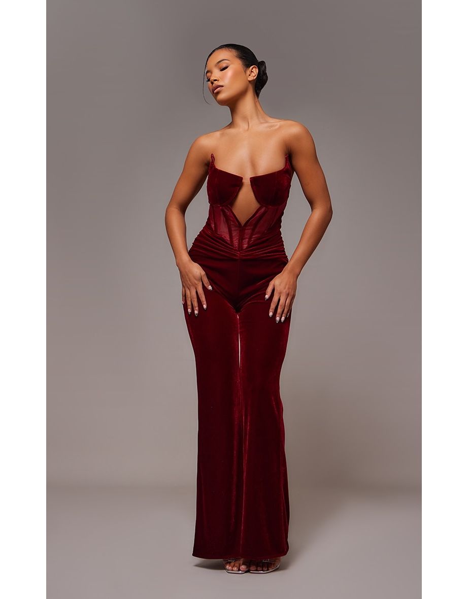 Shop Cherry Red Velvet Corset Bandeau Ruched Jumpsuit Online