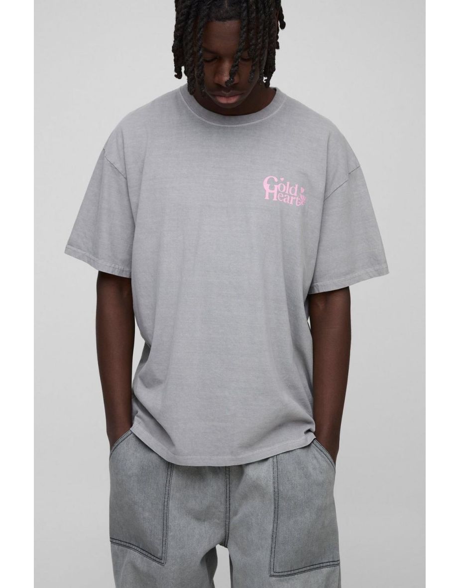 Oversized Cold Heart Slogan Print Washed T-Shirt - charcoal