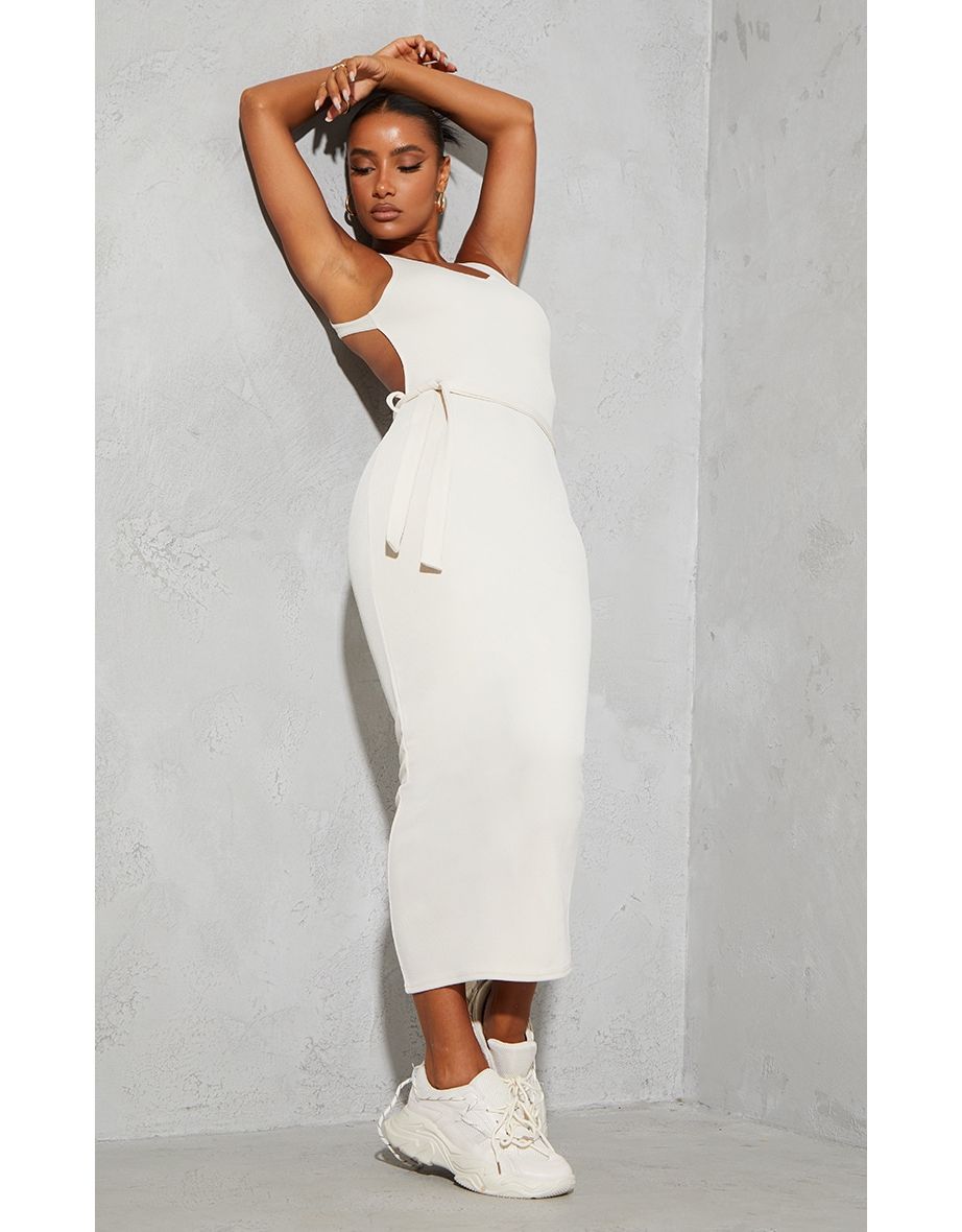 Stone Rib Cut Out Back Detail Tie Waist Midaxi Dress