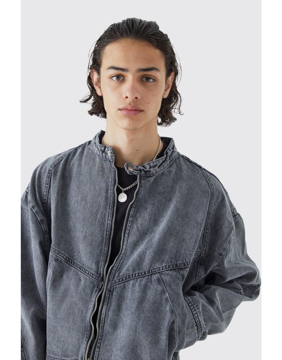 Boxy Fit Panelled Denim Moto Jacket - ice grey - 2