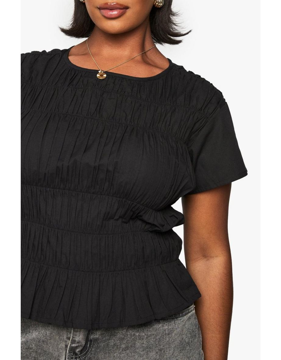 PLUS COTTON SHIRRED PUFF SLEEVE BLOUSE - 3