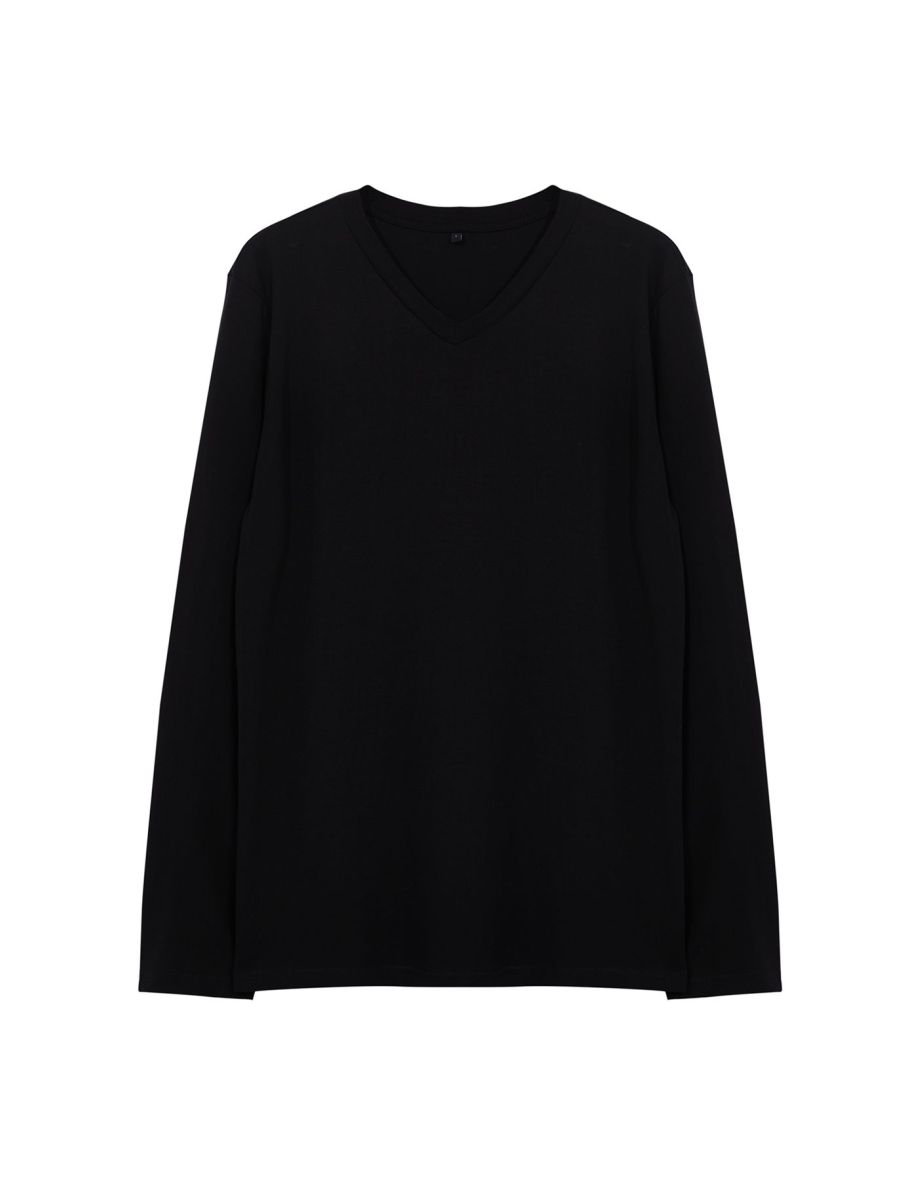 Black Slim/Tight Fit V-Neck 100% Cotton Basic T-shirt - 2
