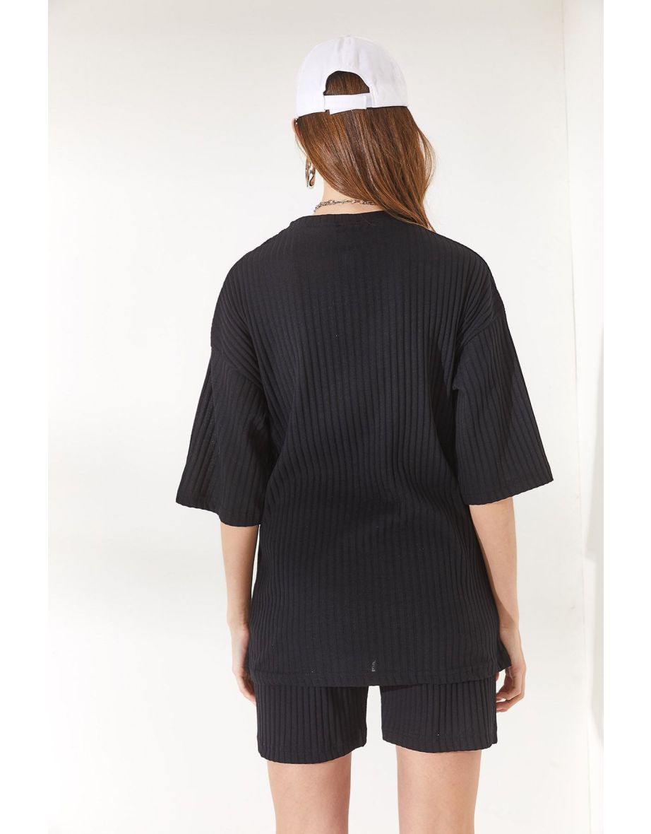 Women's Black Bottom Short Leggings Top Loose Blouse Suit - 4
