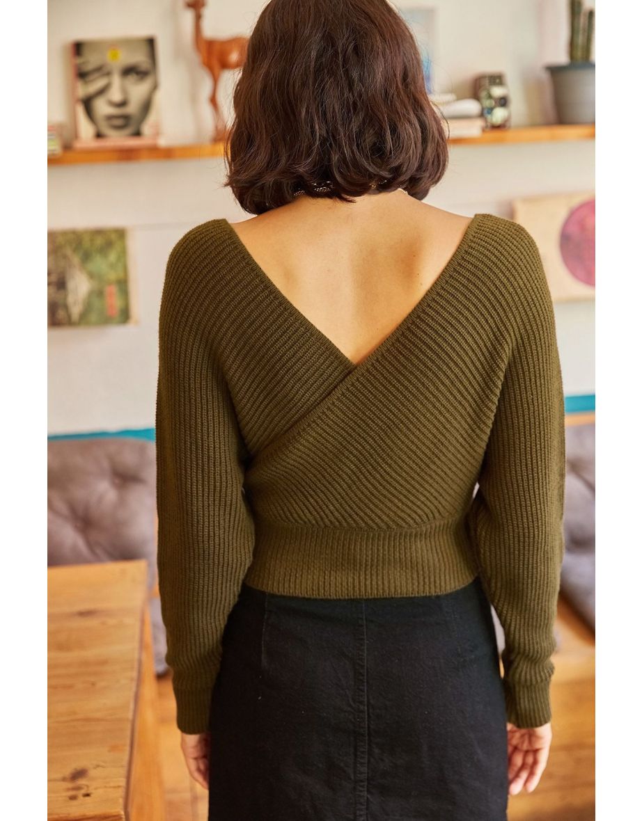 Women's Khaki Front Back V Waist Top Crop Knitwear Sweater - 4