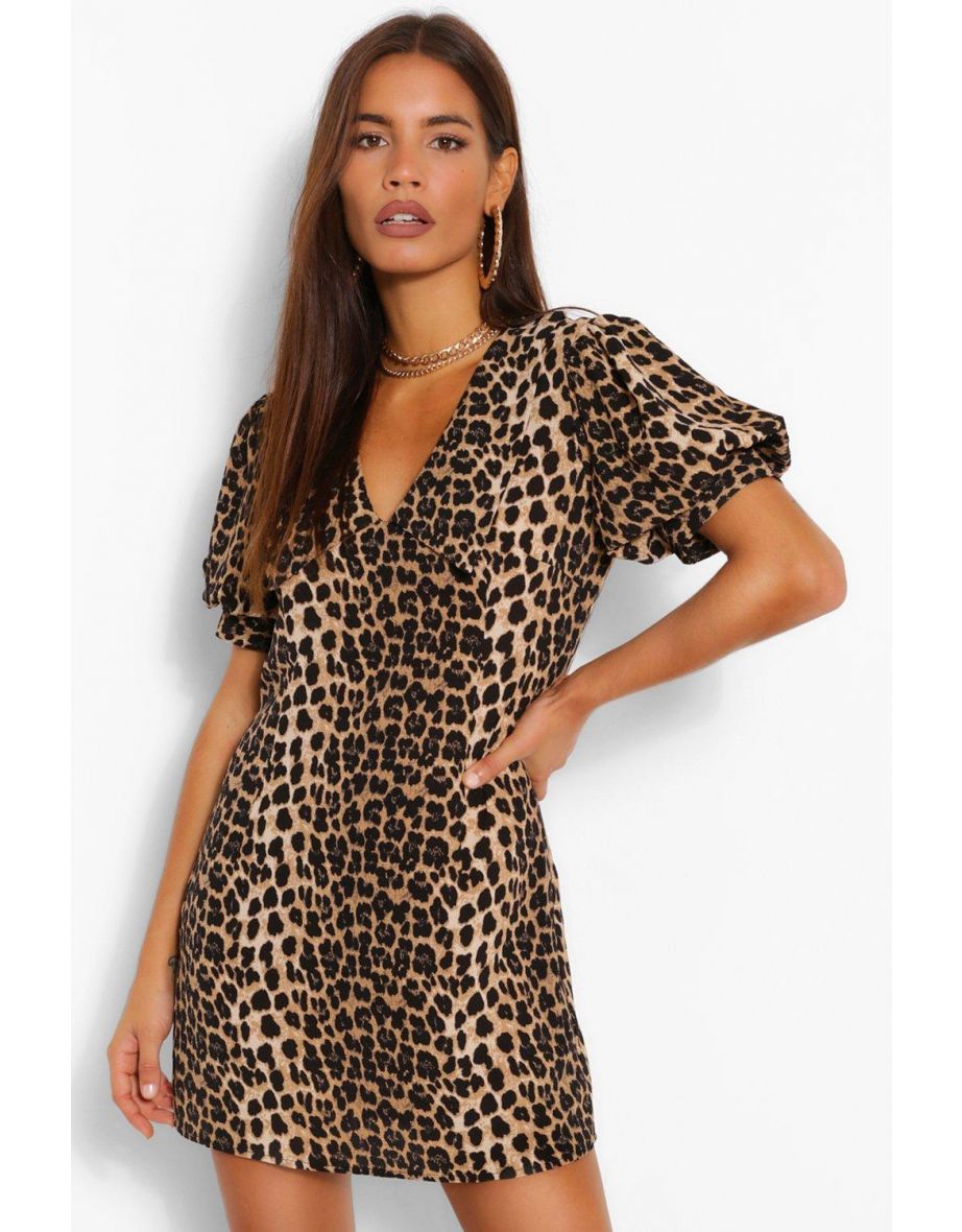 Leopard Print Plunge Puff Sleeve Shift Dress - brown