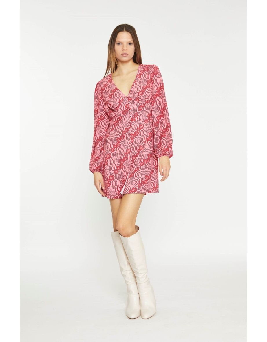 Digital-Wave Flower Long-Sleeve Mini-Dress