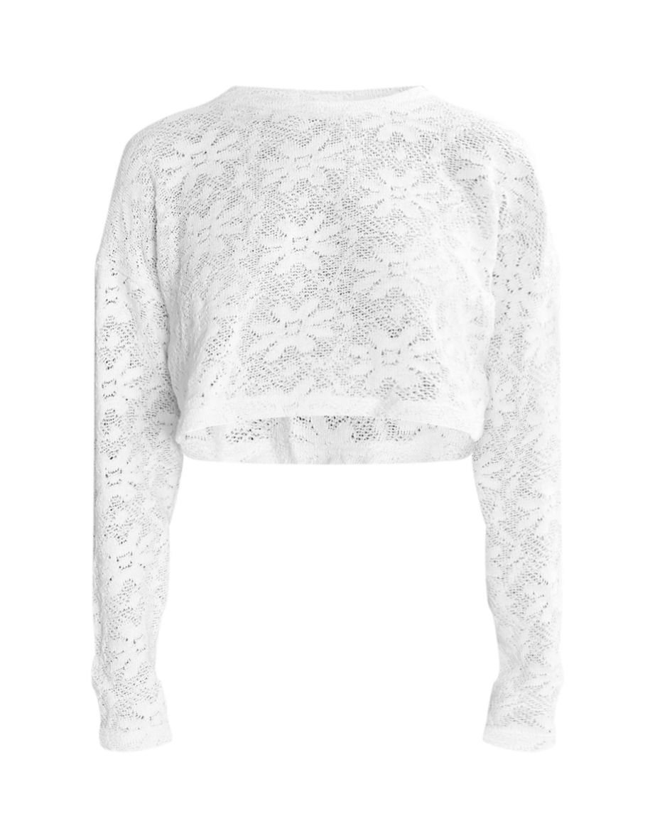 Cream Floral Textured Rib Crop Long Sleeve Top - 4