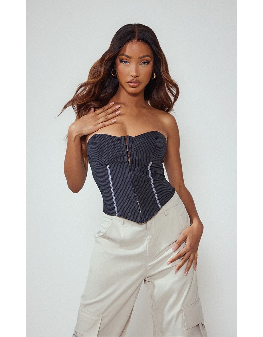 Black Stretch Woven Pinstriped Corset Top