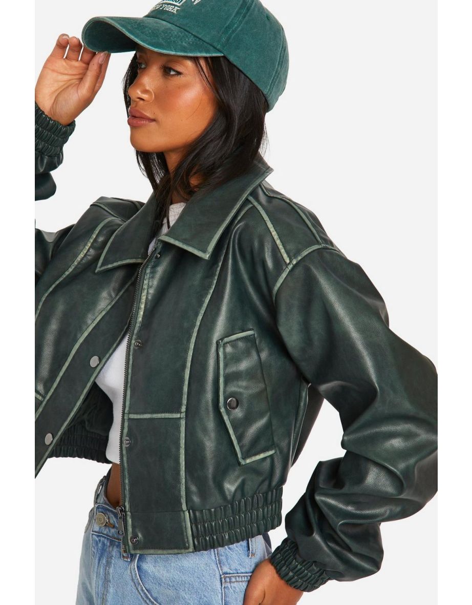 Petite Vintage Look Faux Leather Jacket - teal - 3