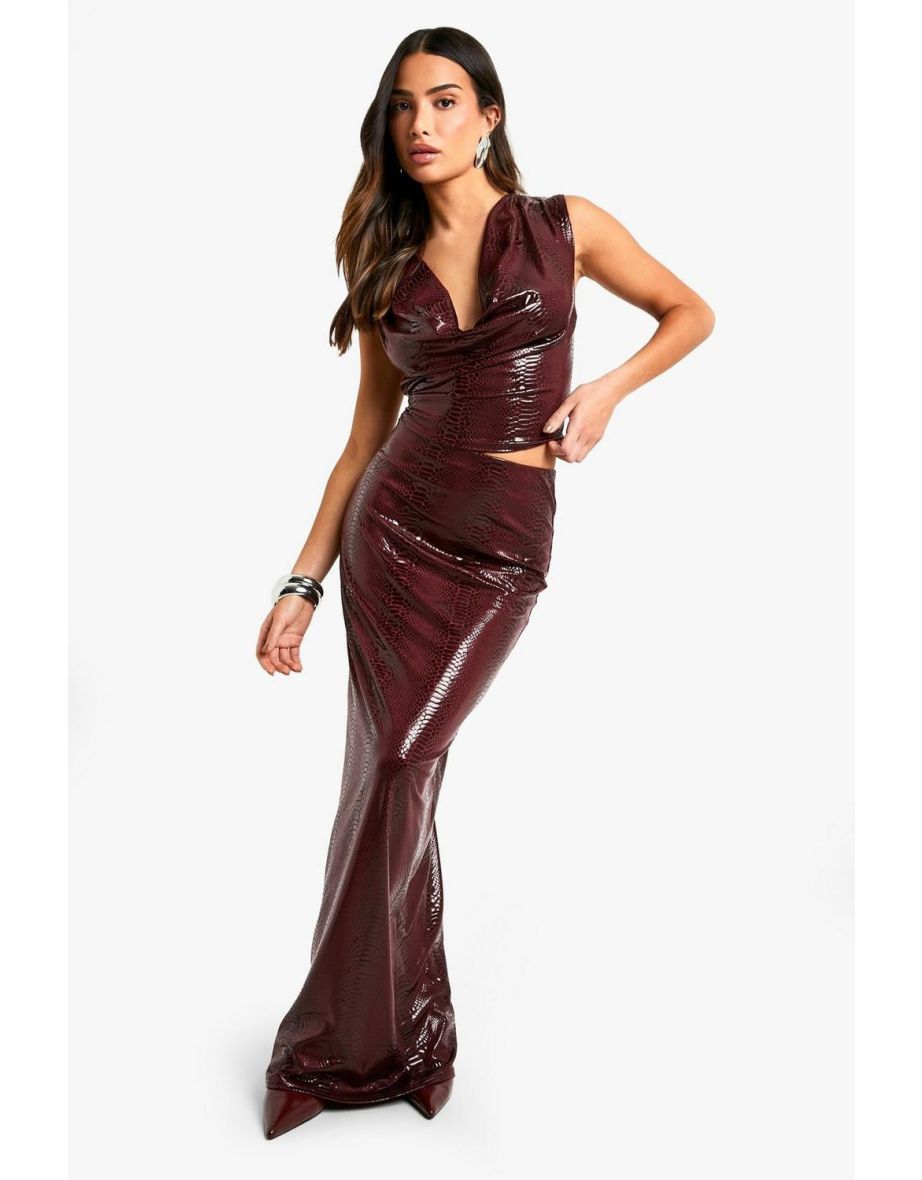 Petite PU Snakeskin Cowl Neck Top And Maxi Skirt Co-ord -