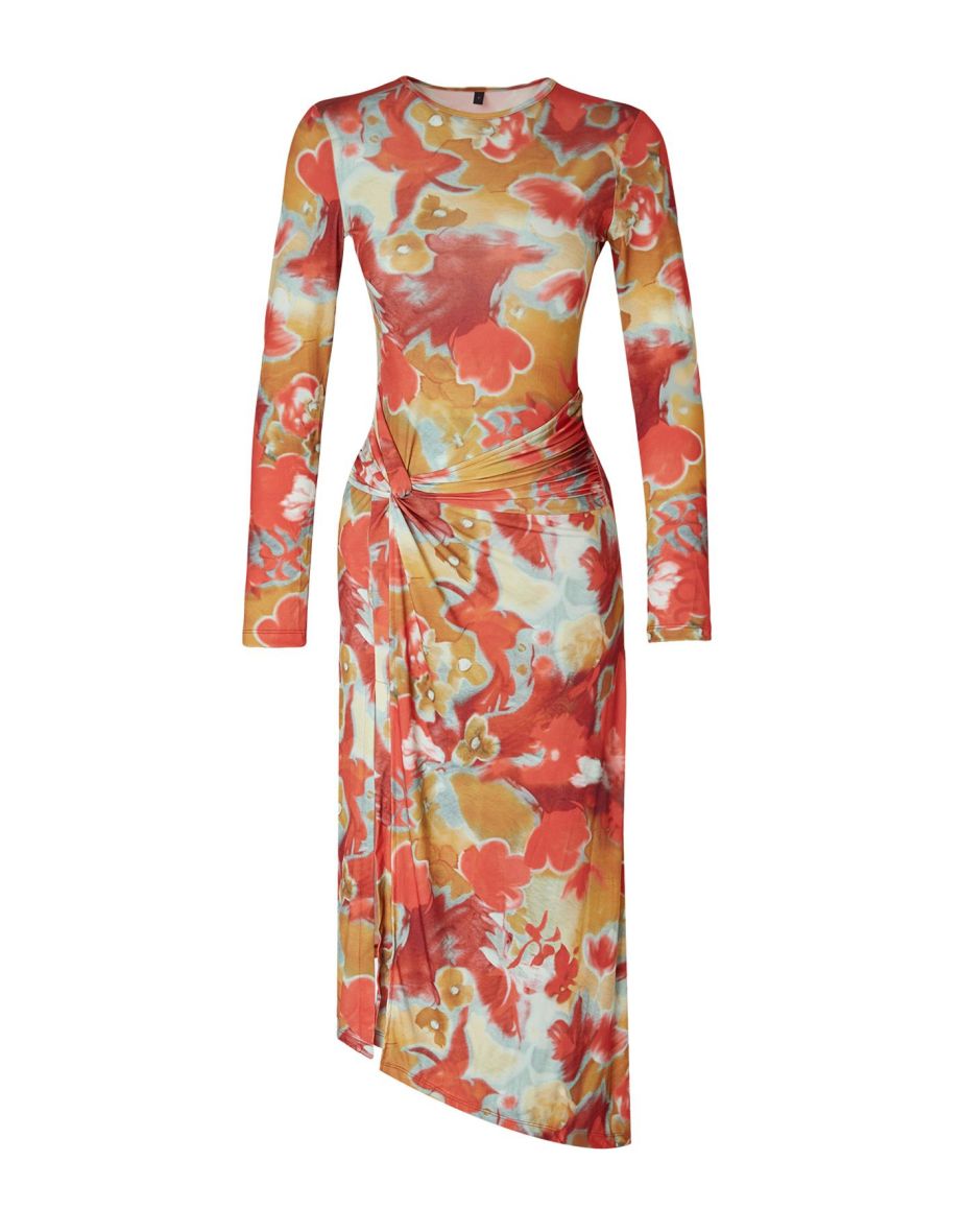 Limited Edition Printed, Fitted, Stretchy Midi Knitted Dress with Tie Detail - 5