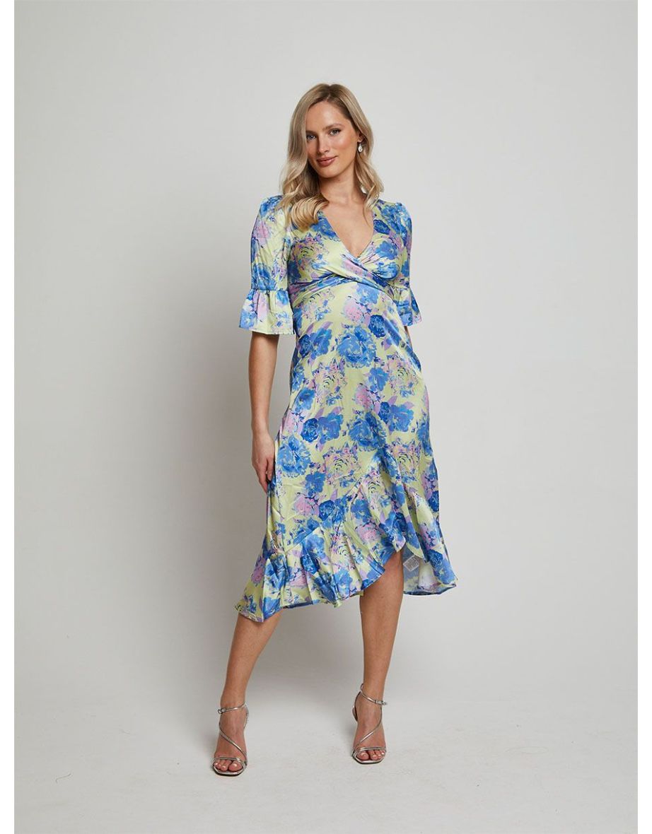 Short Sleeve Tie Front Floral Midi Dress in Yellow