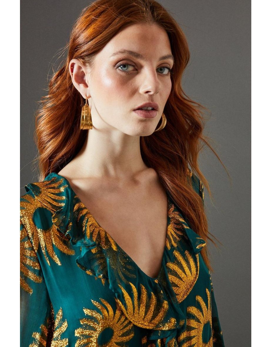 Sun Metallic Jacquard Frill Front Smock Midi Dress - 3