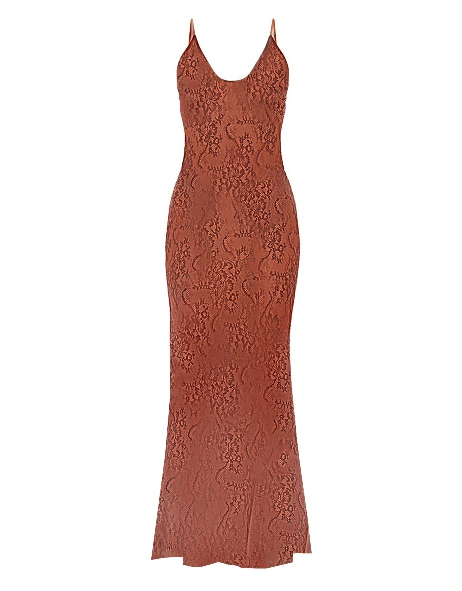 Brown Delicate Lace Skinny Strap Maxi Dress - 3