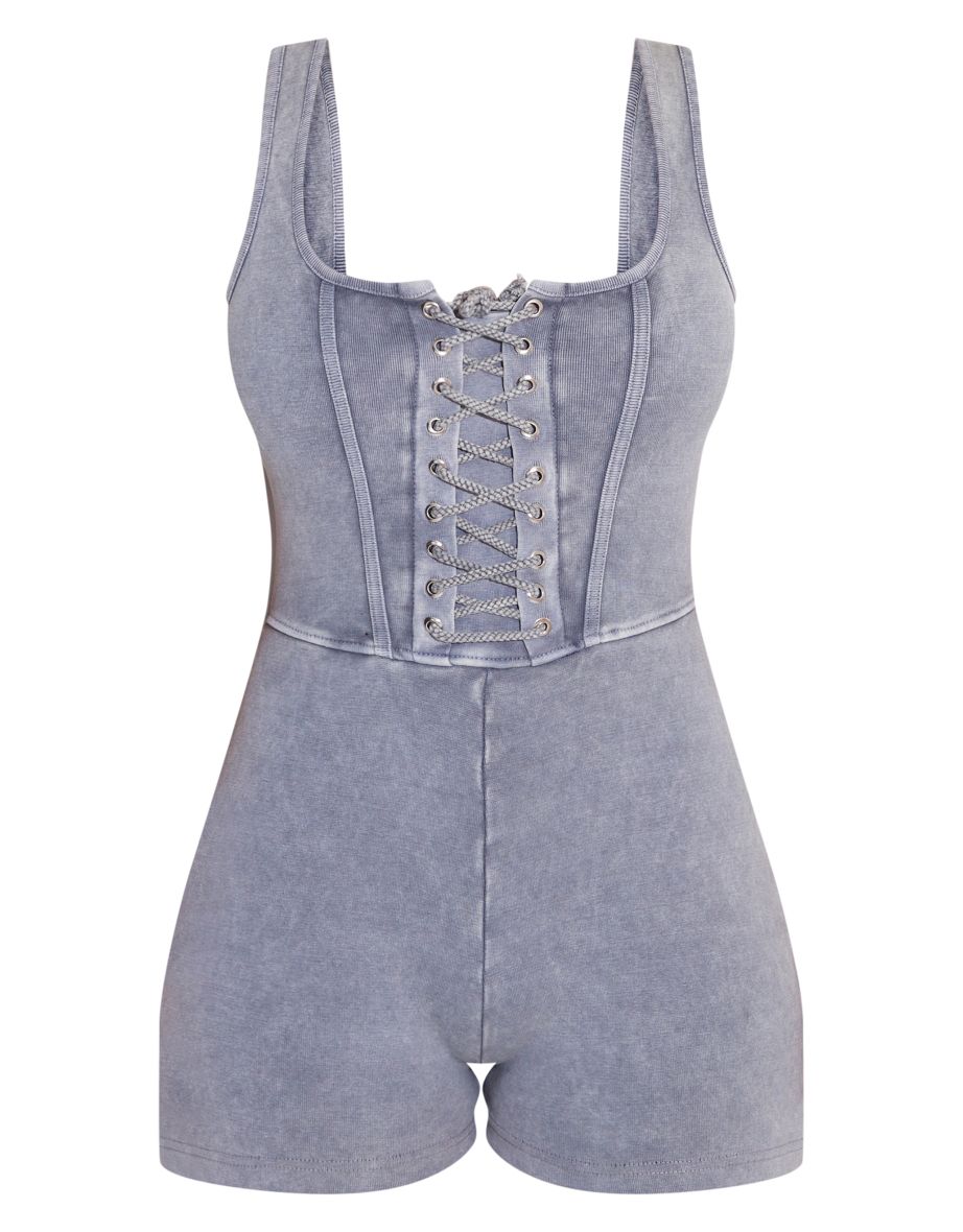 Shape Washed Grey Cotton Lace Up Detail Unitard - 4