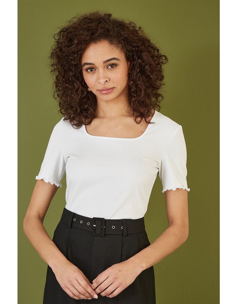 Yumi White Cotton Jersey Lettuce Trim T-Shirt