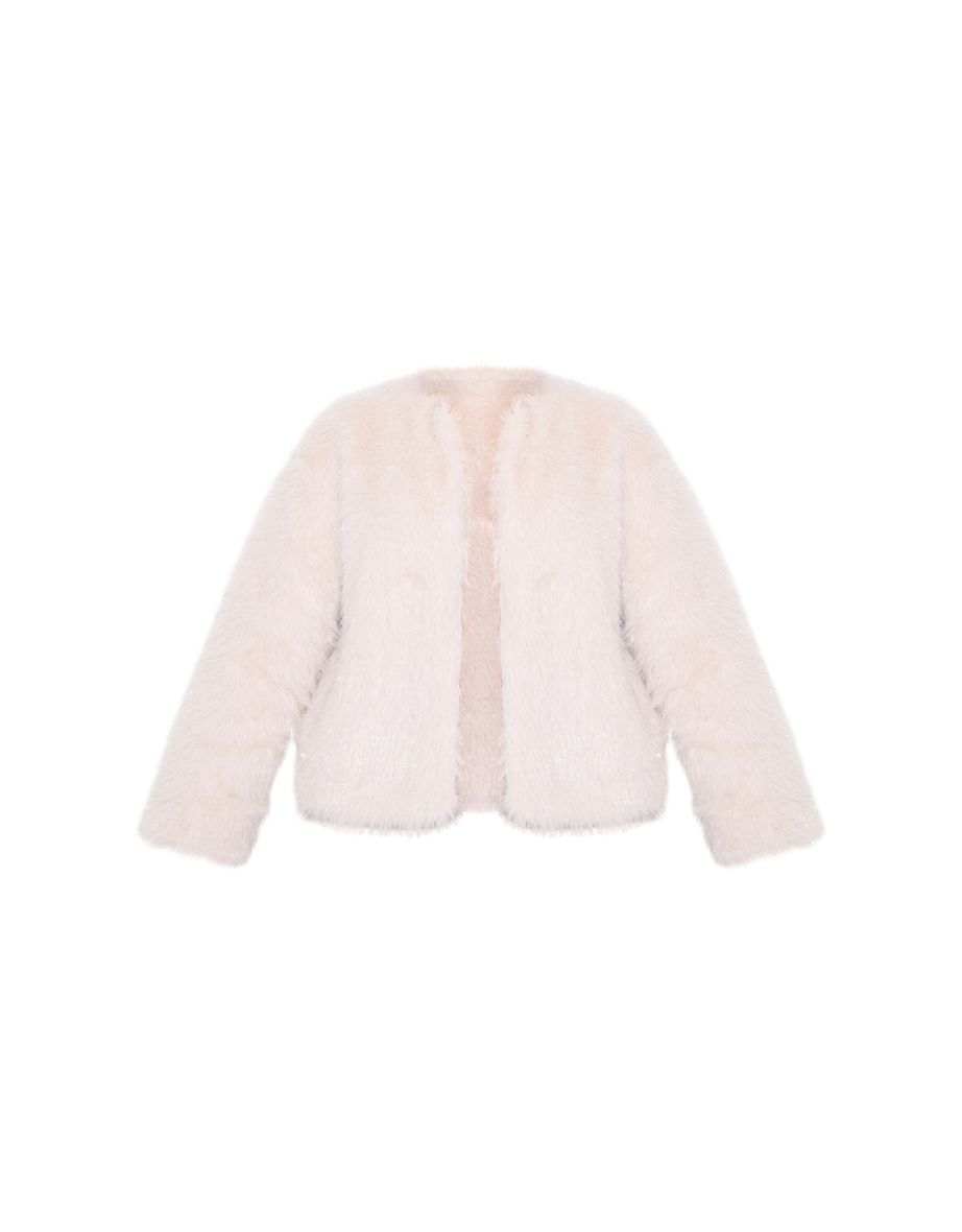 Cream Glitter Faux Fur Coat - 4