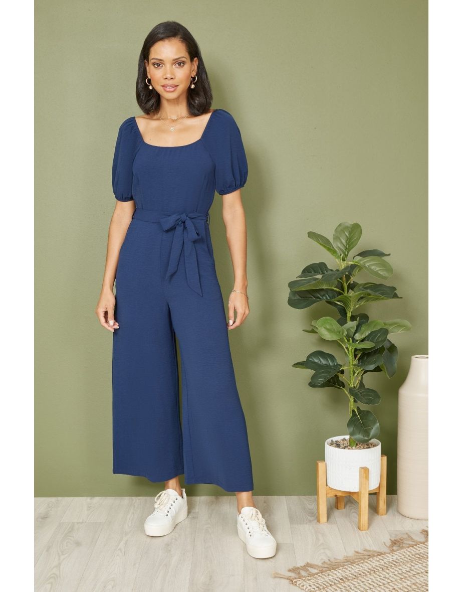 Mela Navy Square Neck Puff Sleeve Culotte Jumpsuit