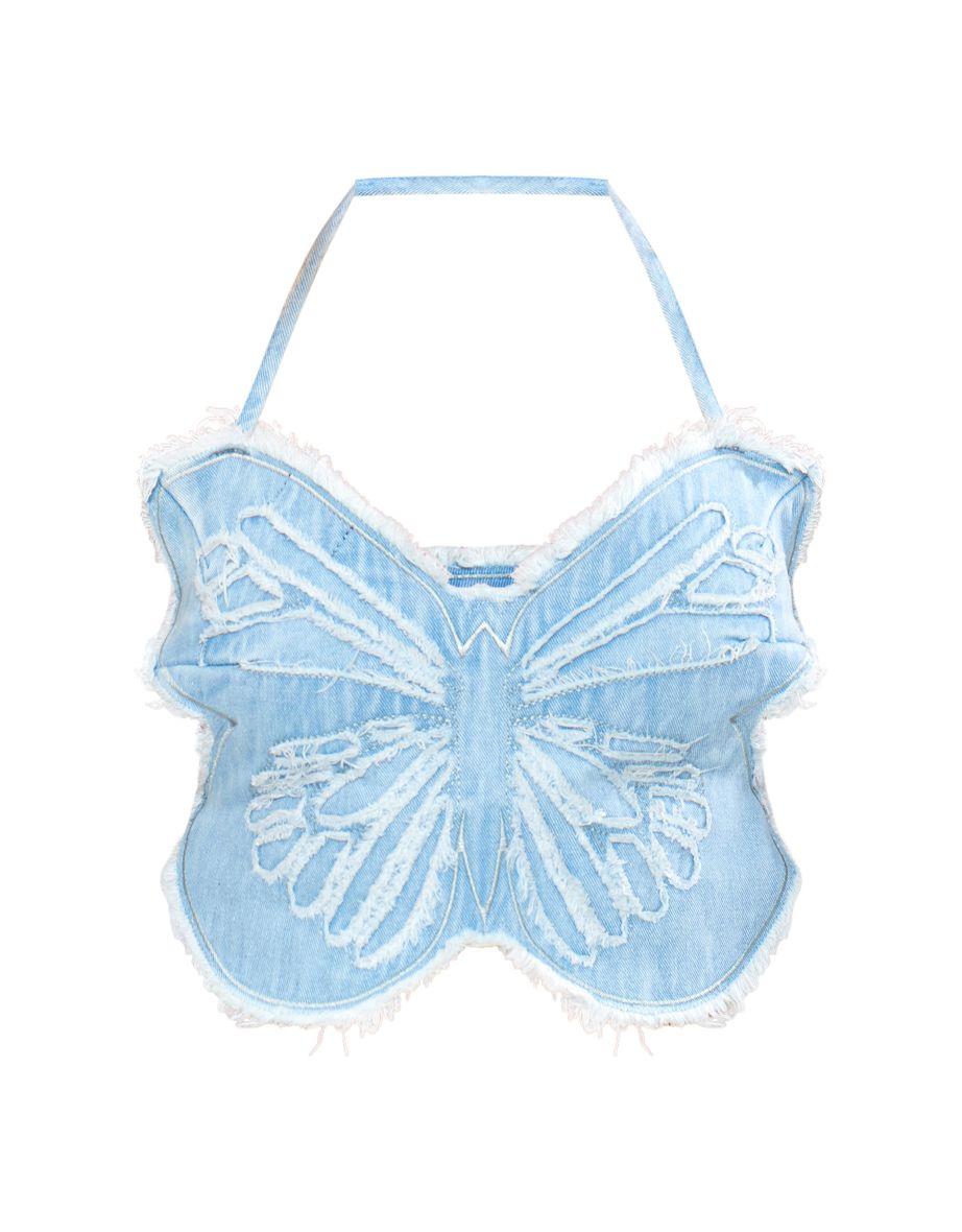Light Blue Wash Raw Hem Butterfly Crop Top - 4